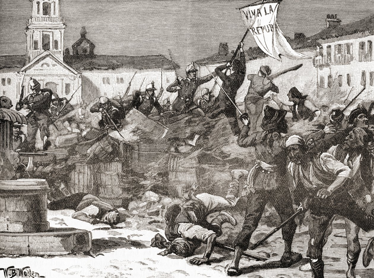 Een republikeinse opstand in Malaga, Spanje tijdens de Glorieuze Revolutie (La Gloriosa) door English School