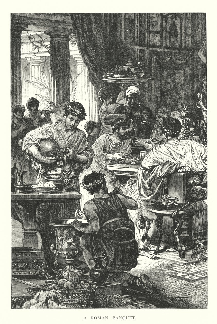 Een Romeins banket (gravure) door English School