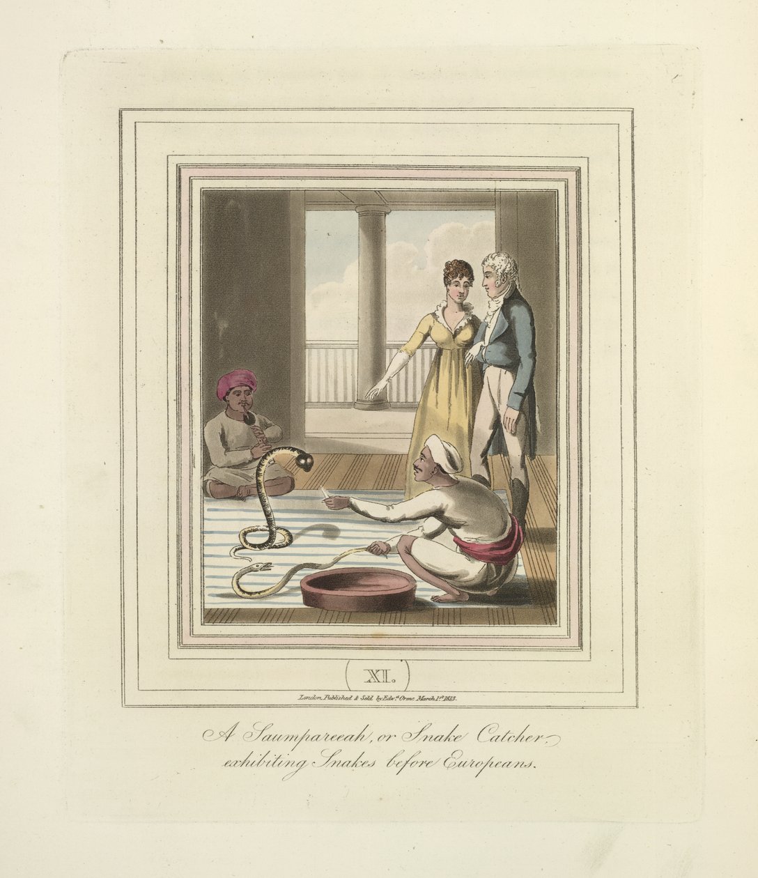 Een Saumpareeah of Slangenvanger die slangen tentoonstelt voor Europeanen, ca. 1824 door English School