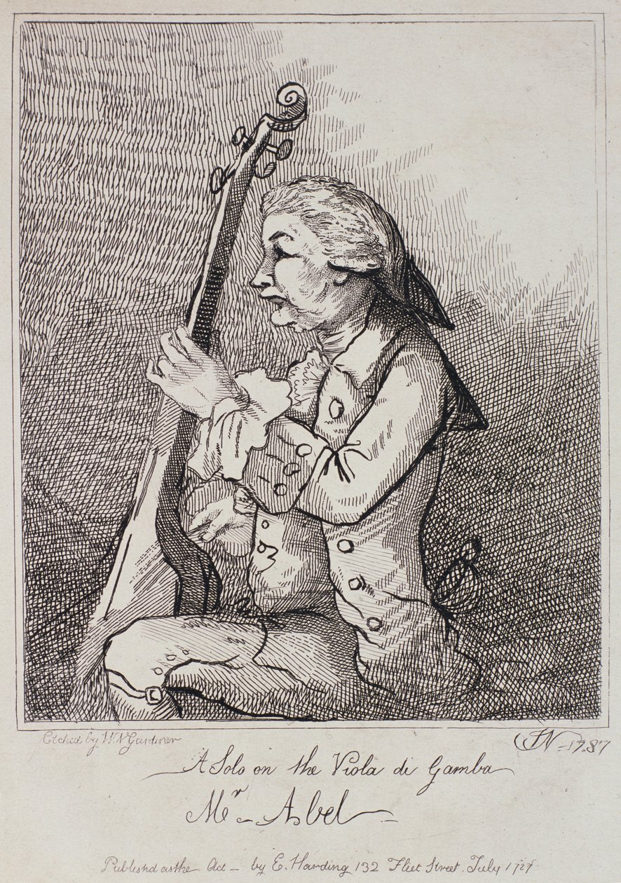 Een solo op de Viola da Gamba, Carl Friedrich Abel (1723-87) gegraveerd door William Nelson Gardiner (1766-1814) 1787 door English School