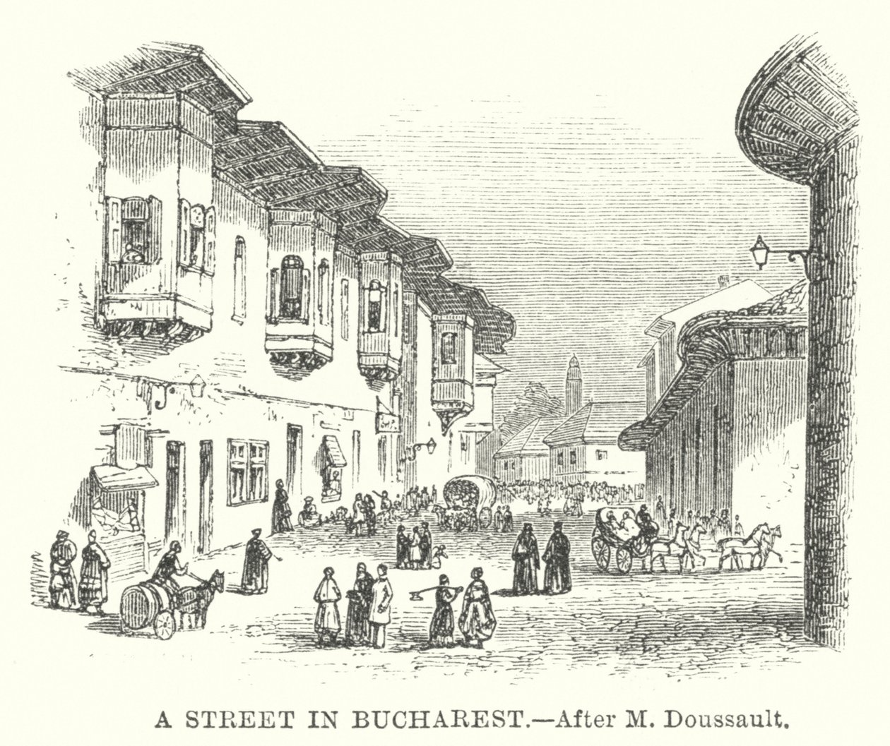 Een straat in Boekarest (gravure) door English School