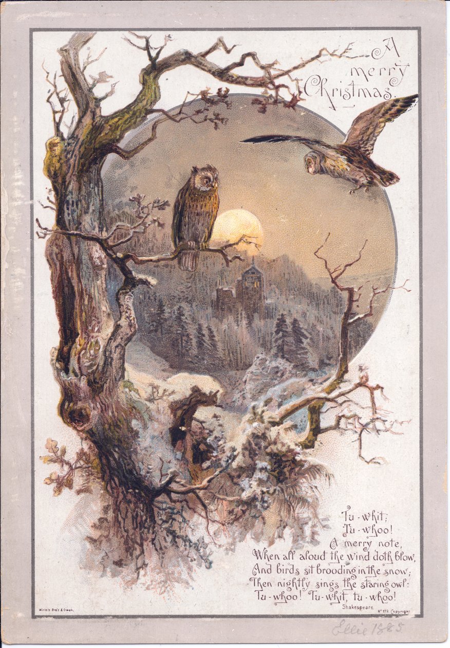 Een Victoriaanse kerstkaart van een uil op een tak op een maanverlichte nacht, ca. 1880 door English School