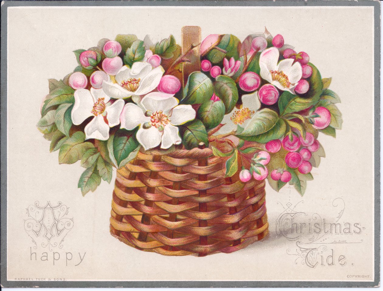 Een Victoriaanse kerstkaart van bloemen en bladeren in een rieten mand, ca. 1880 door English School