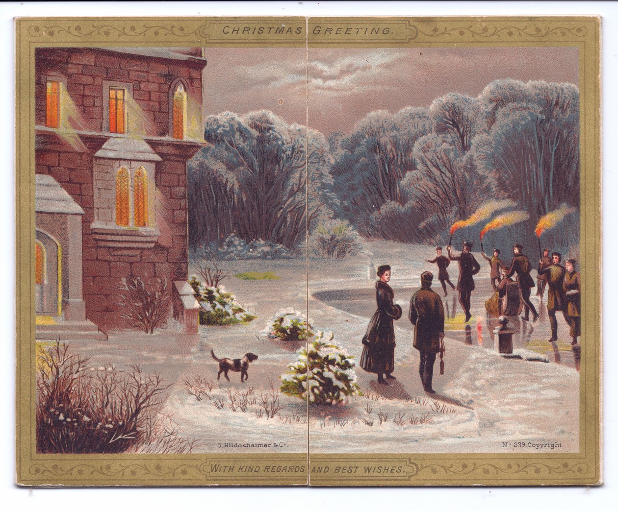 Een Victoriaanse Kerstkaart van Schaatsers met Brandende Fakkels die Schaatsen op een Bevroren Meer voor een Landhuis met Toeschouwers en een Hond, c.1880 door English School