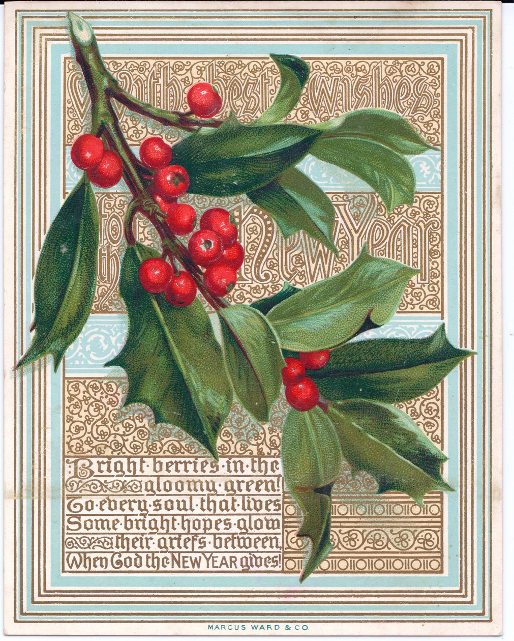 Een Victoriaanse kerstkaart met een tak van hulst die een vers bedekt. Uitgegeven door Marcus Ward, ca. 1880 door English School