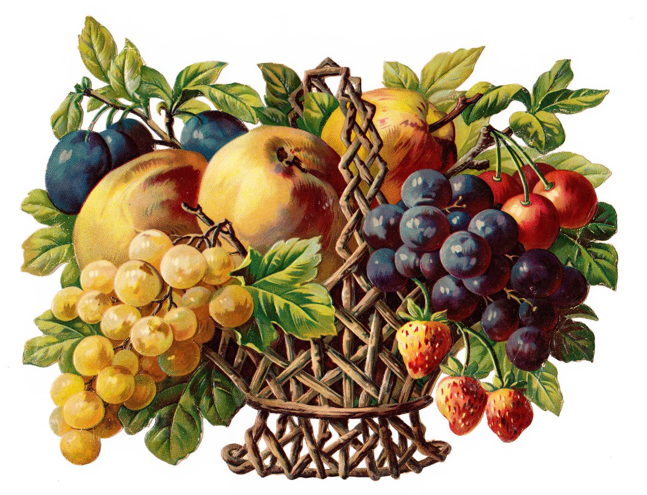 Een Victoriaans papierreliëf van een mand met fruit, ca. 1880 (kleurenlitho) door English School