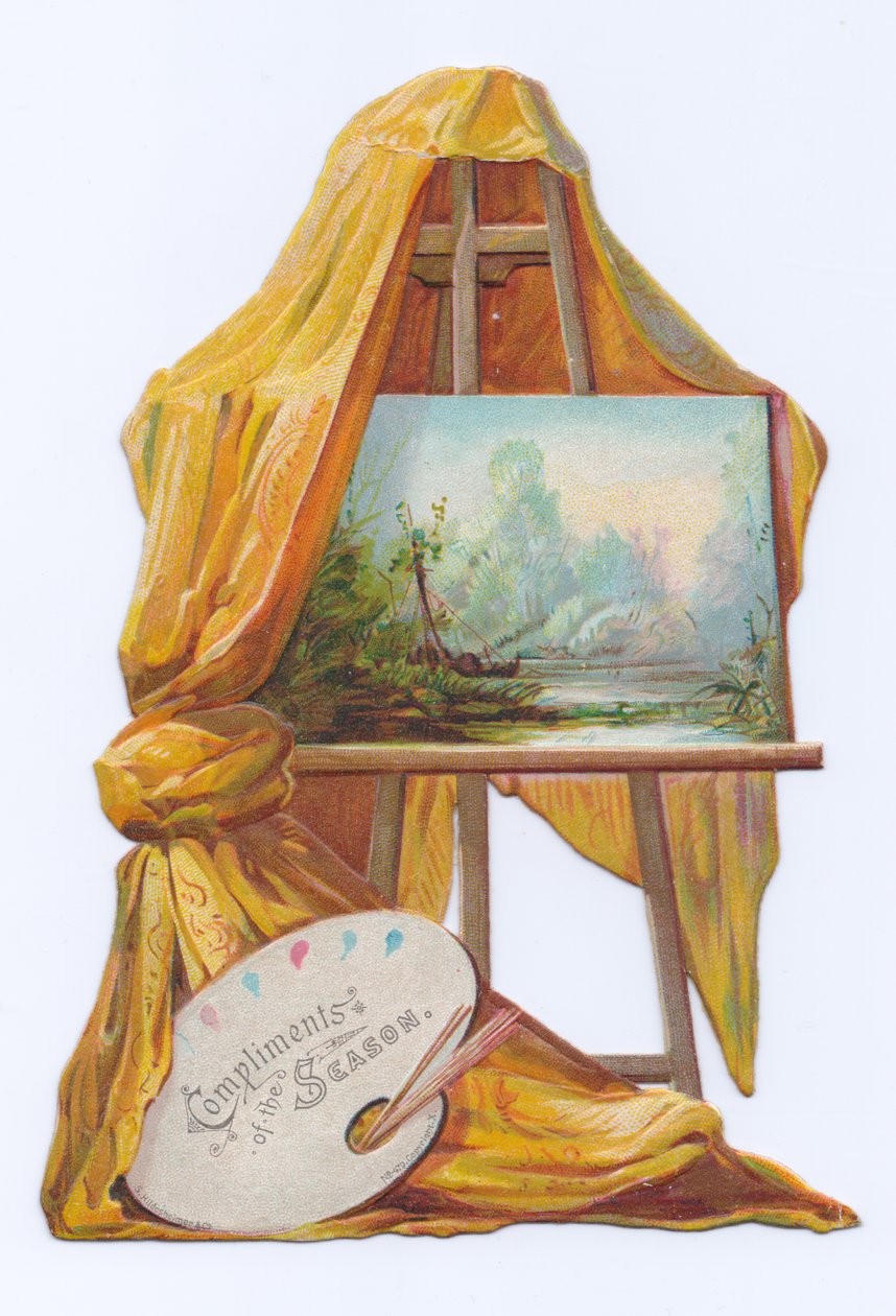 Een Victoriaanse uitgestanste kaart van een schilderij op een schildersezel met een doek erop, ca. 1880 door English School