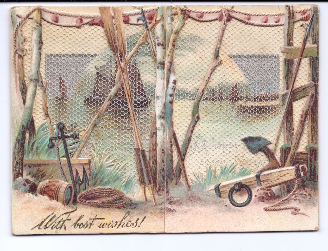 Een Victoriaanse wenskaart van zeilschepen gezien door een gaasscherm, ca. 1880 door English School