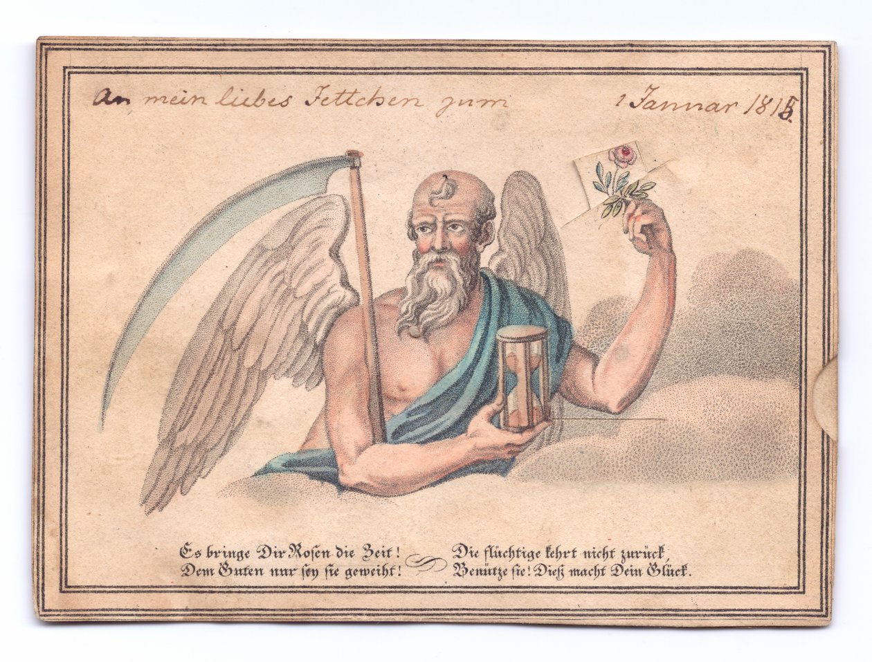 Victoriaanse wenskaart van de magere Hein met een zeis en zandloper die een roos vasthoudt, ca. 1815 (kleur litho) door English School