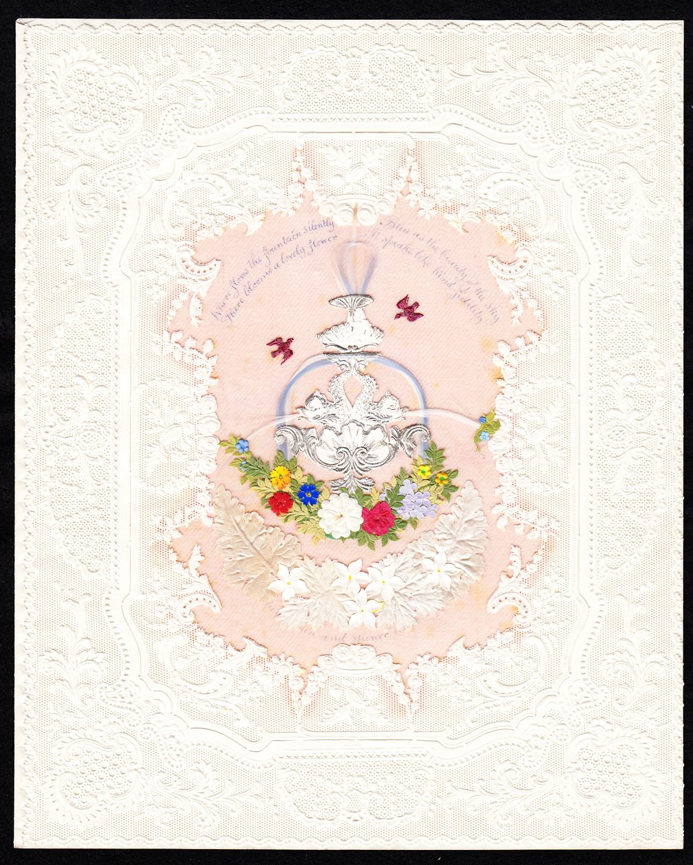 Een Victoriaanse papieren kanten Valentijnskaart van een fontein met bloemen, ca. 1870 (kleurenlitho) door English School