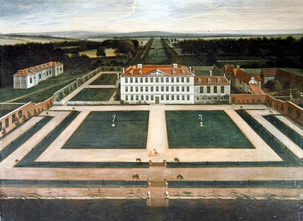 Een uitzicht op Capesthorne Hall, Cheshire, ca. 1730 door English School
