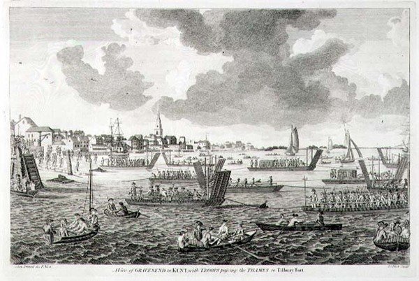Een Uitzicht op Gravesend in Kent, met Troepen die de Theems oversteken naar Tilbury Fort door English School