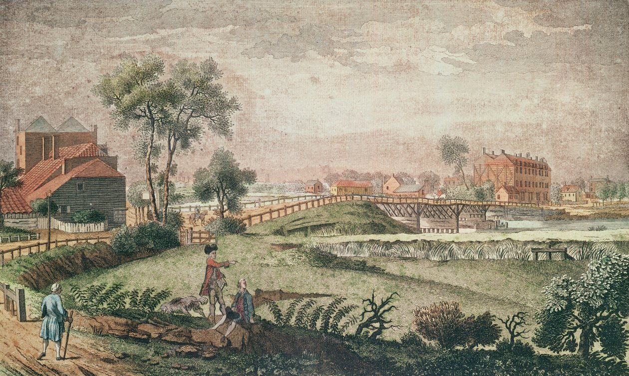 Een westelijk uitzicht op Chelsea Bridge, 1761 door English School