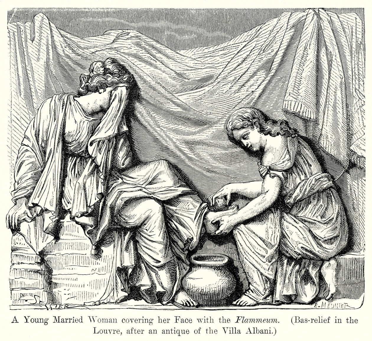 Een jonge getrouwde vrouw die haar gezicht bedekt met flammeum. (Bas-Reliëf in het Louvre ...) (gravure) door English School