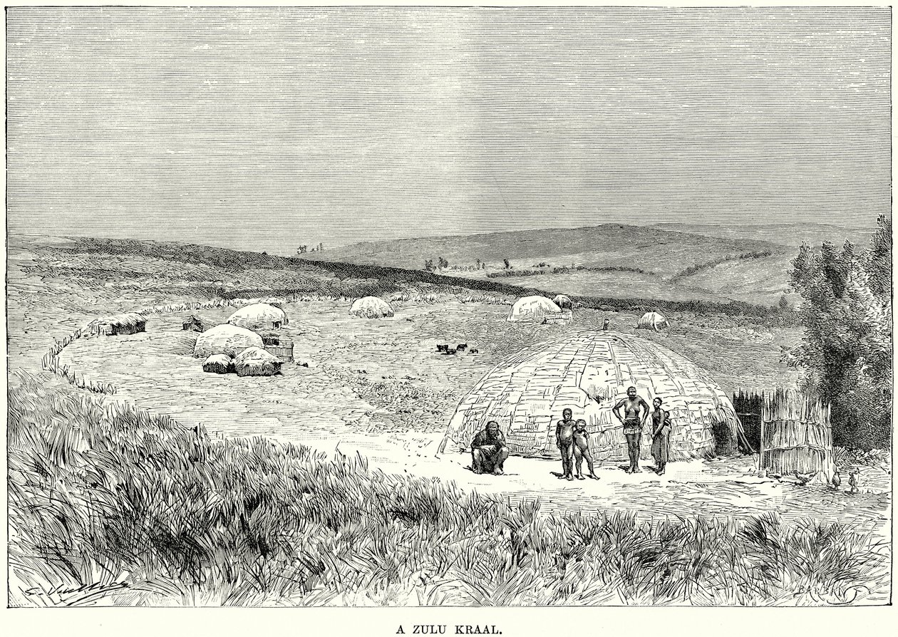 A Zulu Kraal (engraving) door English School