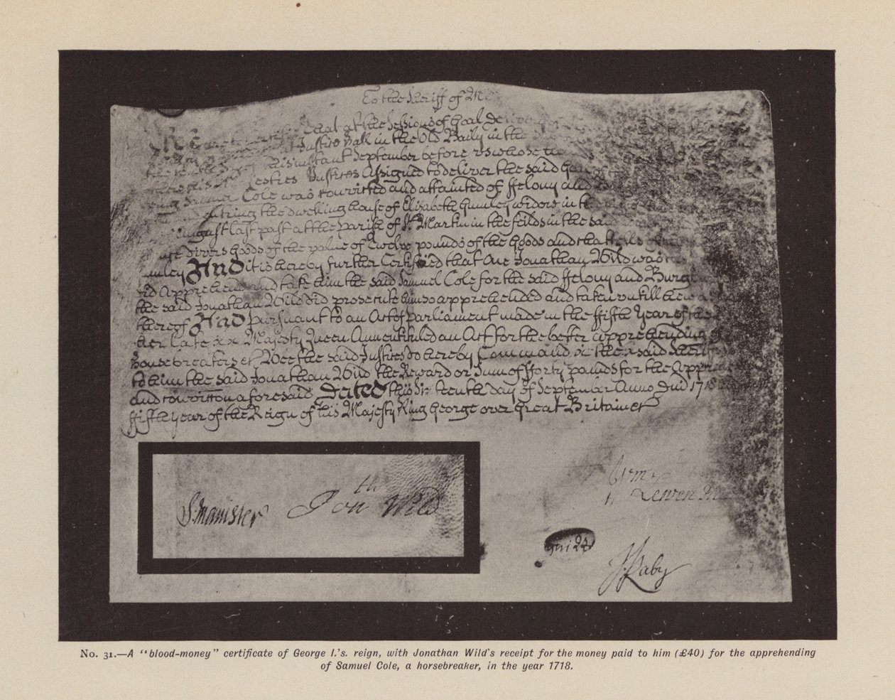 Een "bloedgeld" certificaat van George I." (litho) door English School
