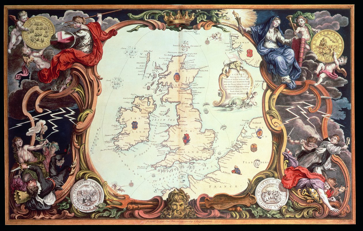 Een kaart die de verschillende actieplaatsen tussen de Engelse en Spaanse vloten toont, met de plaatsen waar verschillende Spaanse schepen werden vernietigd tijdens hun terugkeer naar Spanje, gepubliceerd in 1739, door John Pine door English School