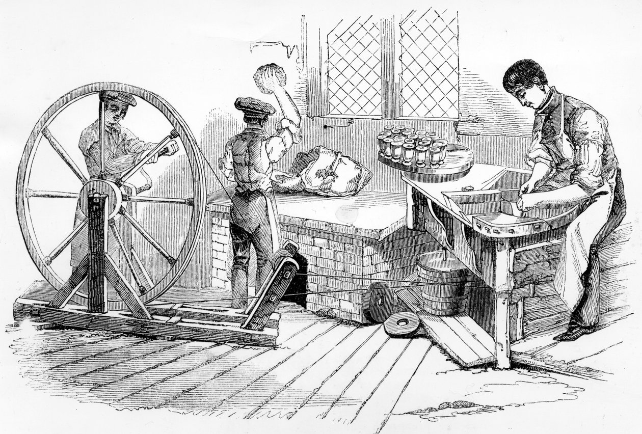 Een dag bij de Koninklijke Porseleinfabriek, Worcester, 1843 door English School