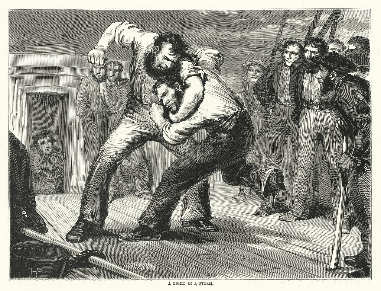 Een gevecht in een storm (gravure) door English School