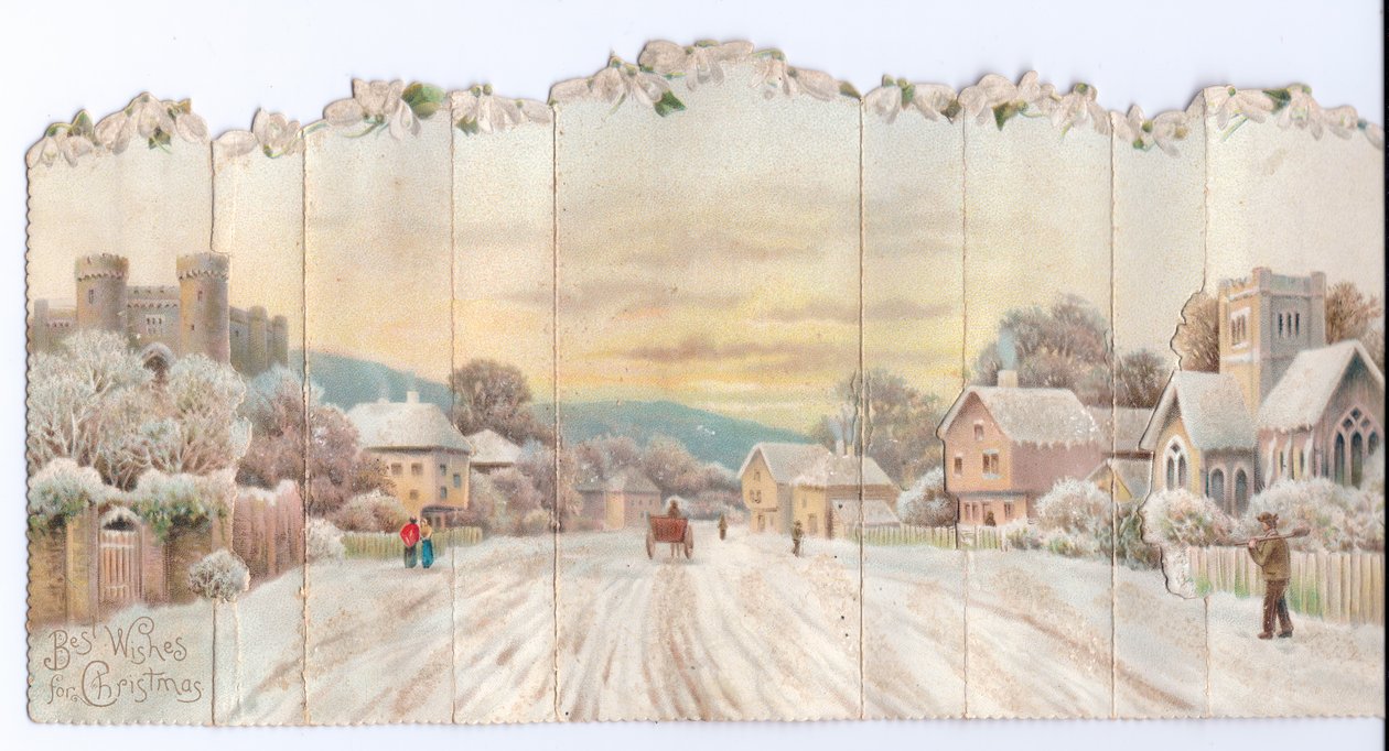 Een opvouwbare concertina Victoriaanse kerstkaart van een kasteel en kerk en een man die een schop draagt in de sneeuw, ca. 1880 door English School