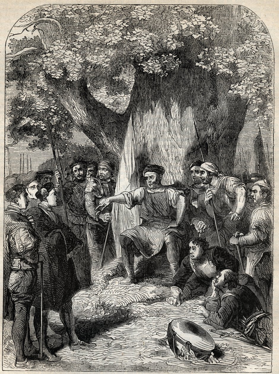 Een groep dissidenten in Norfolk tijdens de opstand van Robert Kett in 1549 - opstand in Norfolk, Engeland tijdens het bewind van Edward VI - Ket de Leerlooier (1492-1549) toesprekend zijn volgelingen onder de Eik van hervorming - Gravure uit 