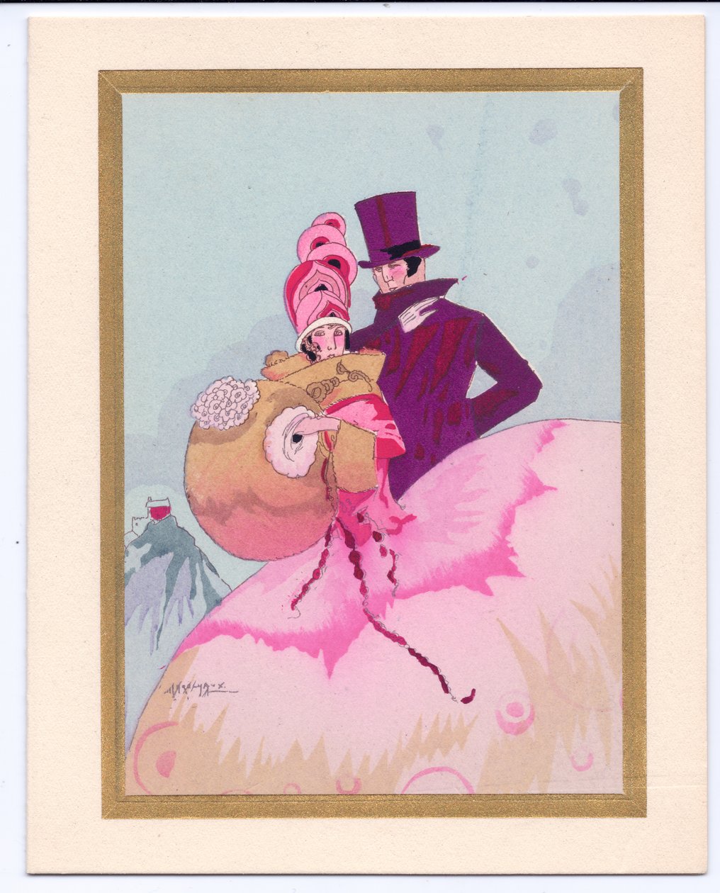 Een met de hand gekleurde Franse Pochoir kerstkaart van een Regency-dame met een mof, vergezeld door een heer met een hoge hoed, circa 1920 door English School
