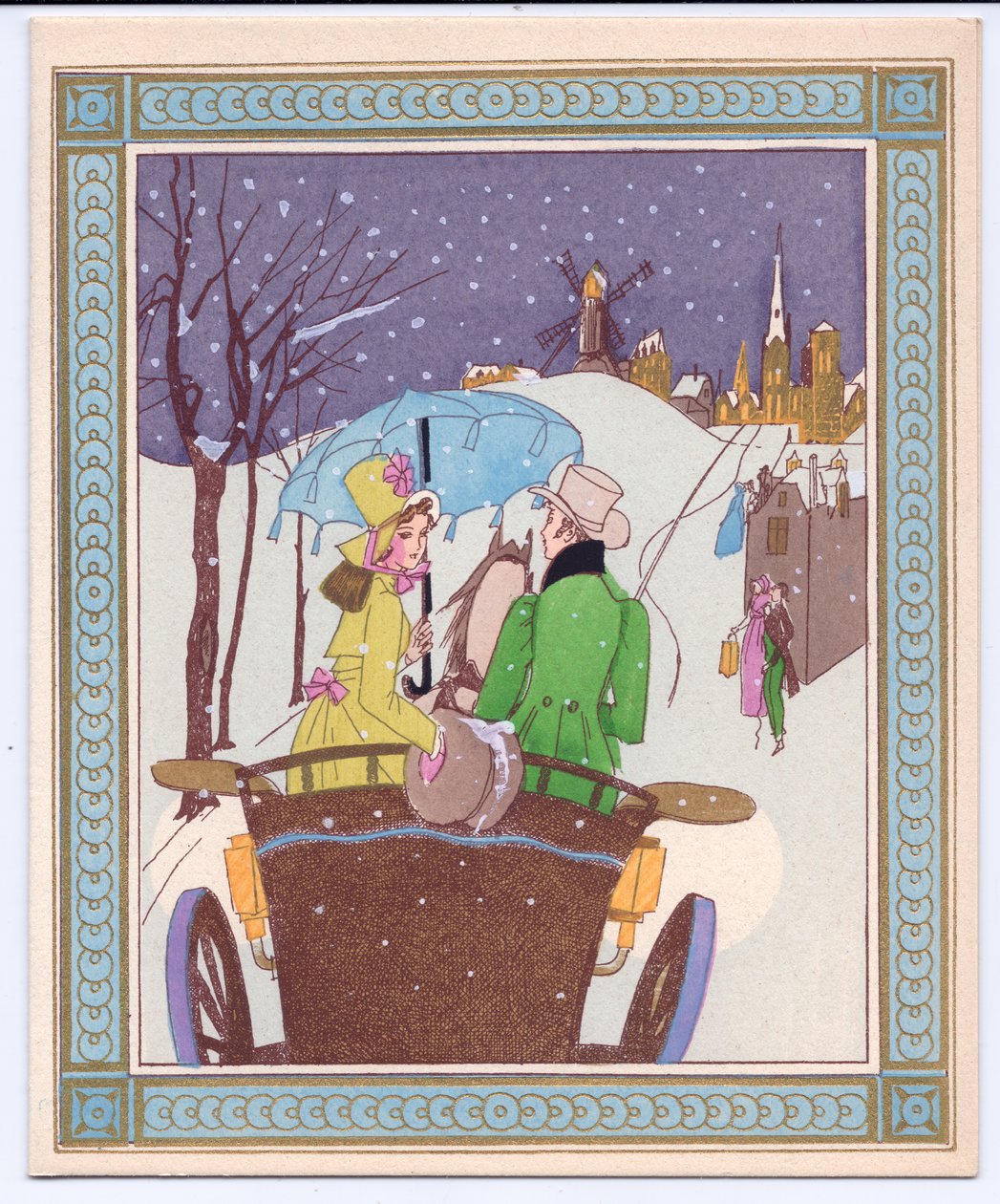 Een Handgekleurde Franse Pochoir Kerstkaart van een Rencecy Koppel in een Open Koets die door de Sneeuw Rijdt, ca. 1920 door English School