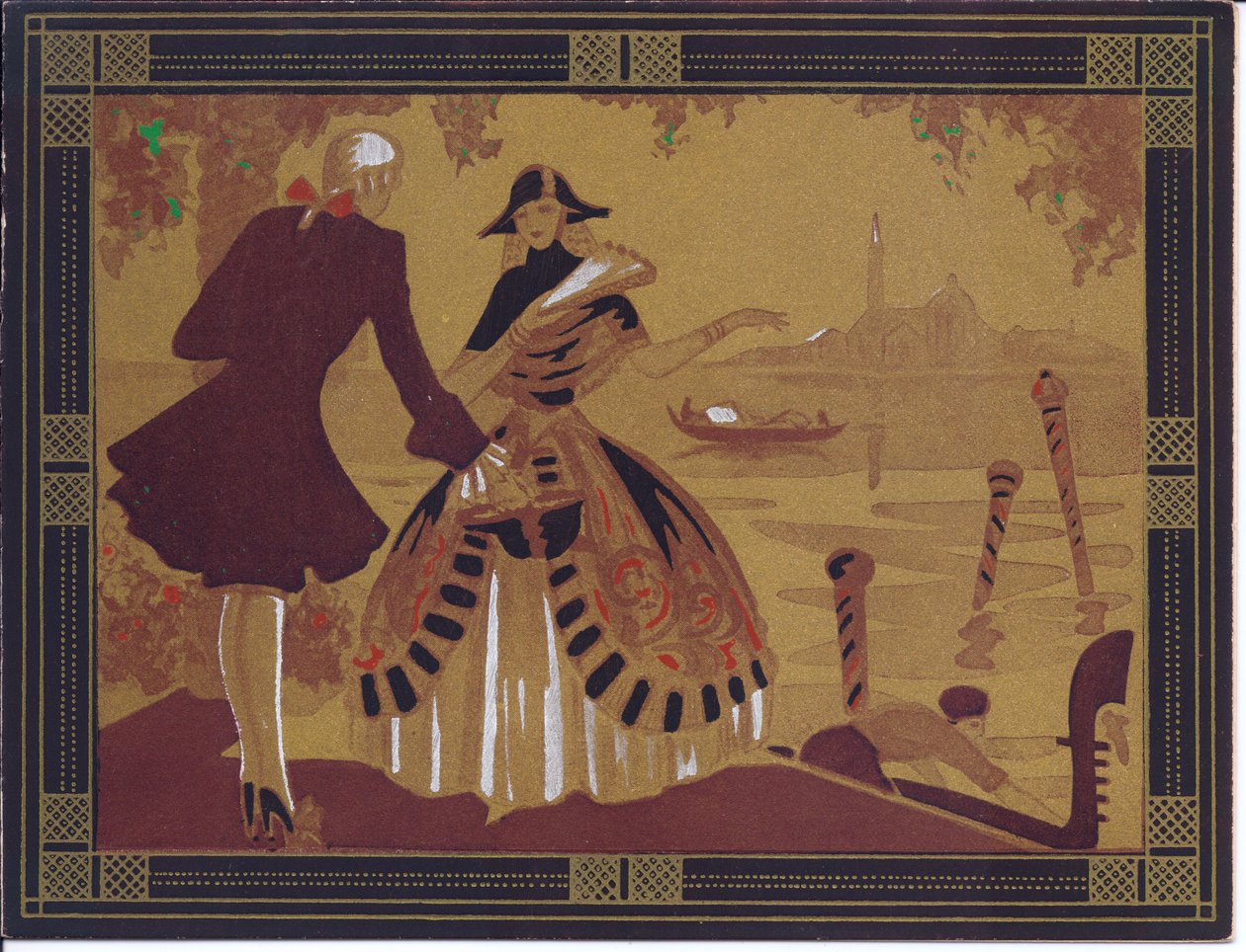 Een met de hand gekleurde Franse Pochoir-wenskaart van een Venetiaans tafereel, circa 1920 door English School