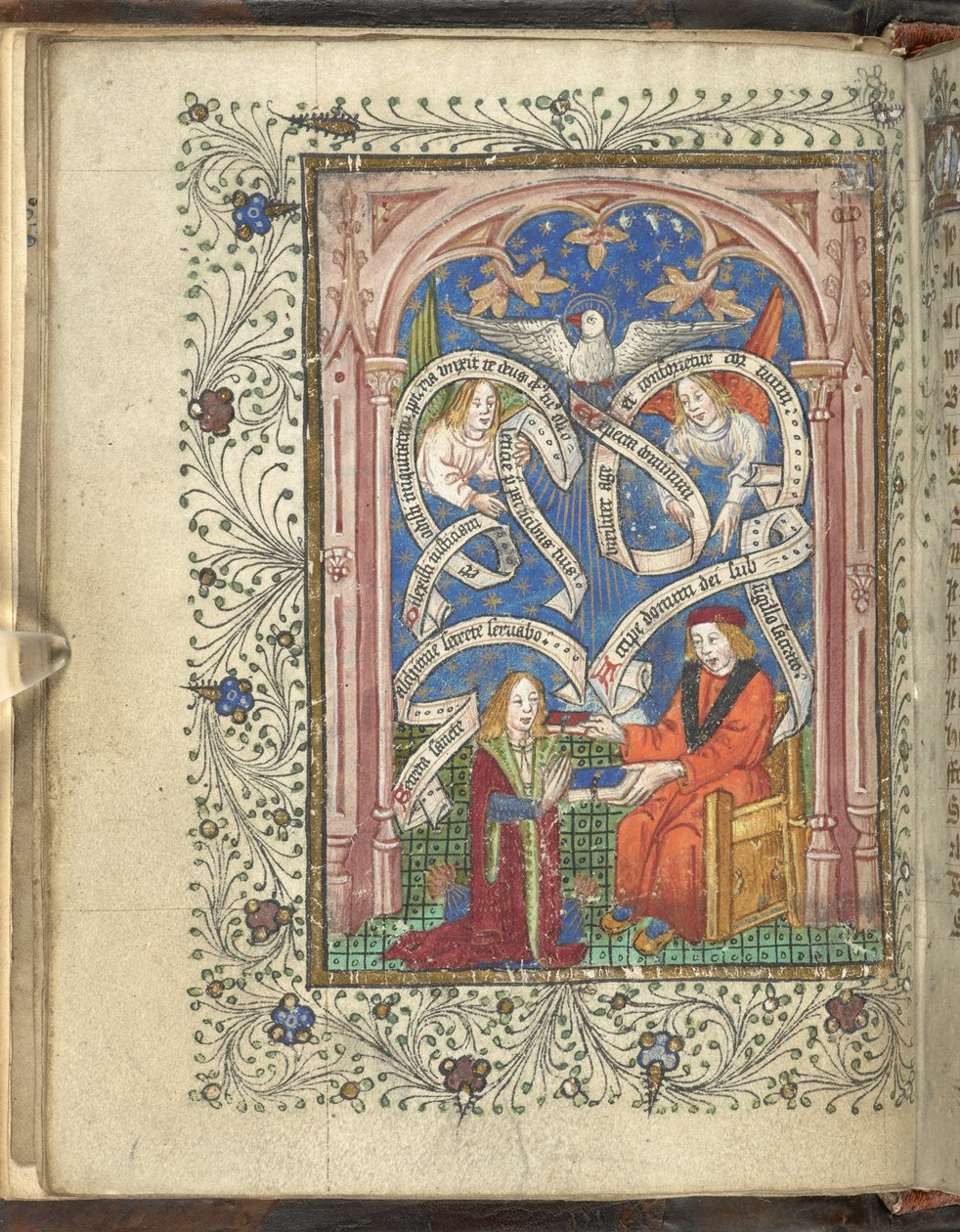 Een knielende leerling, mogelijk de auteur voorstellend, Norton, die een boek ontvangt van zijn meester, met engelen, geschreven rollen en een duif erboven. Ordinaal van Alchemie. Thomas Norton 4e kwart van de 15e eeuw door English School