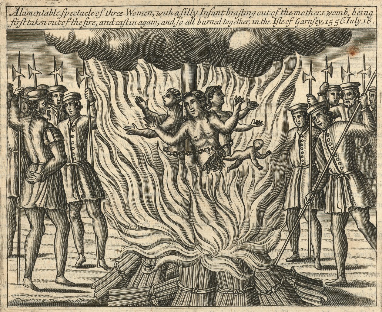 Een jammerlijk schouwspel van drie vrouwen (gravure) door English School