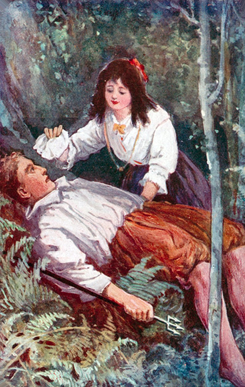 "Een klein meisje knielde aan mijn zijde" (kleurenlitho) door English School