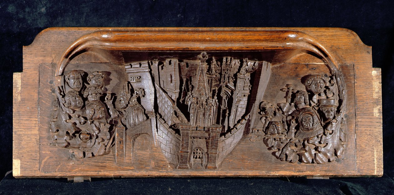Een misericord die een ommuurde stad toont met een poort met een opgehaald valhek, New College Chapel, Oxford, laat 14e eeuw (hout) door English School