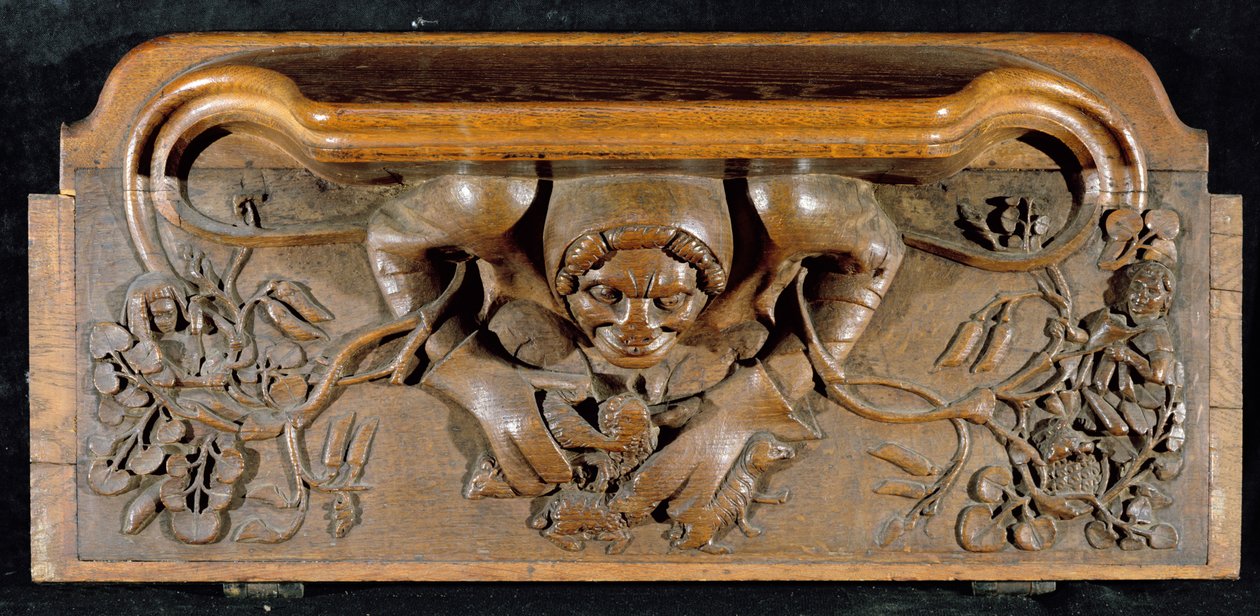 Een misericord die een ogre met enorme schouders toont, New College Chapel, Oxford, laat 14e eeuw (hout) door English School