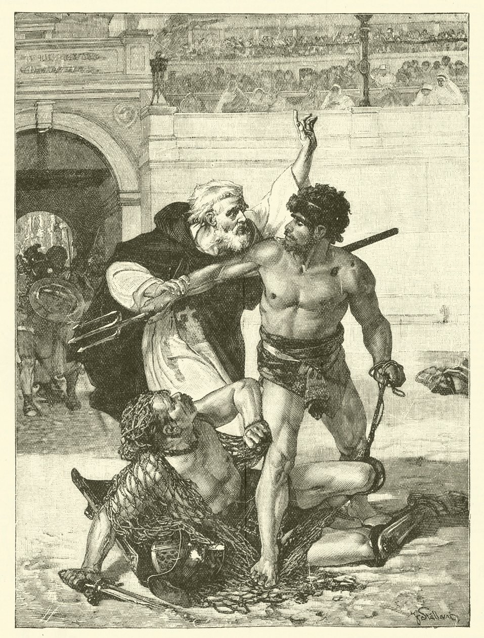 Een monnik, Telemachus, probeert de gladiatorenspelen in het Colosseum, Rome te stoppen (gravure) door English School