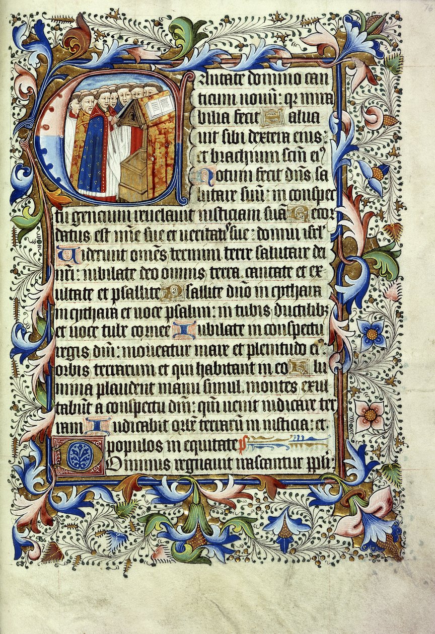 Een pagina uit een psalter in het Latijn, met een gehistorieerde initiaal die een groep monniken voor een lessenaar toont, zingend, c.1455 door English School