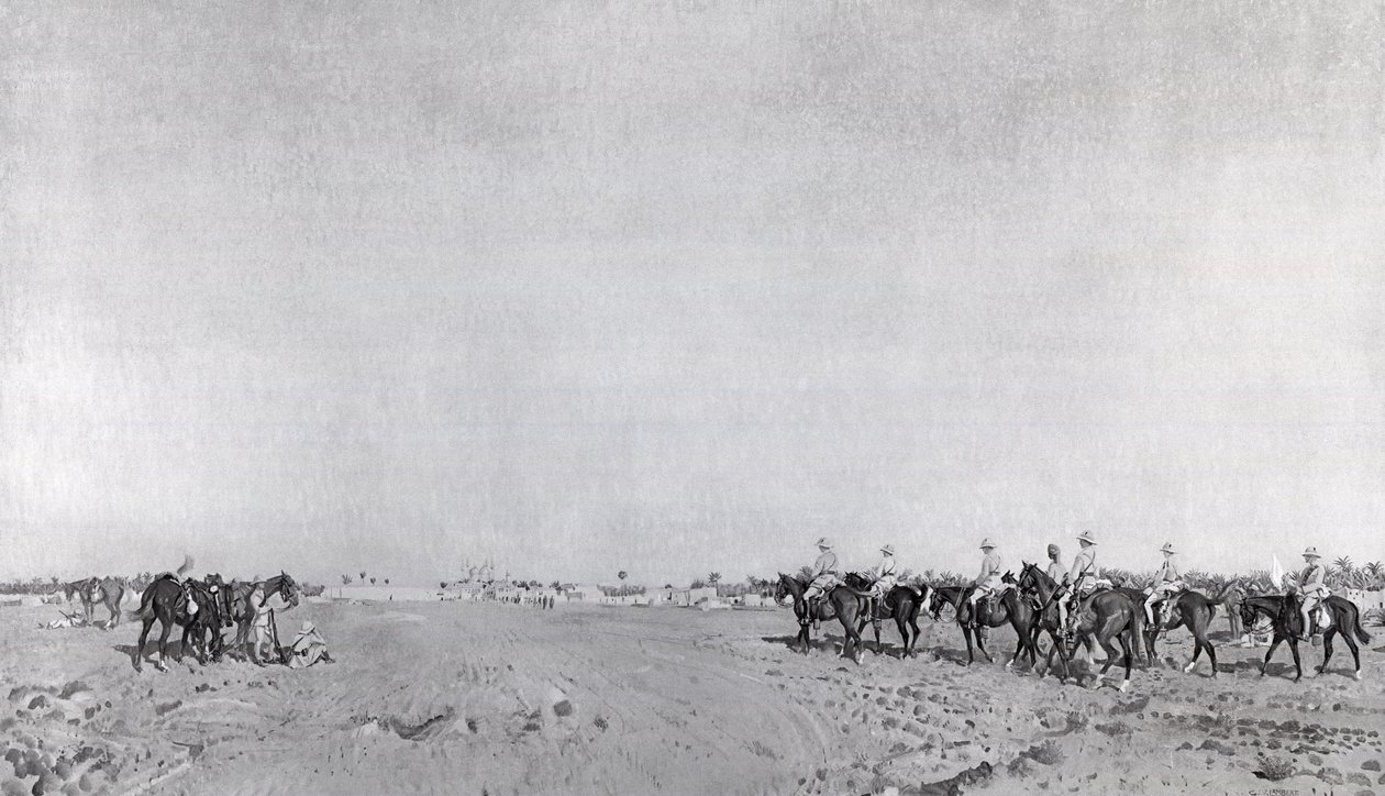 Een patrouille van de 14e Huzaren met commandant luitenant-kolonel R.W. Hewitt DSO nadert om de Turkse overgave te accepteren bij de Overgave van Kazimain, 11 maart 1917, gepubliceerd ca. 1918 door English School