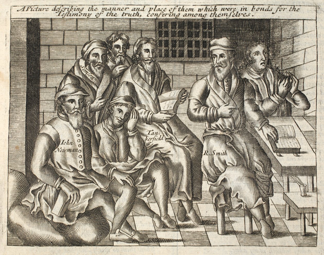 Een afbeelding die de manier en plaats beschrijft van degenen die in boeien zaten voor het getuigenis van de waarheid, onderling overleggend, illustratie uit Handelingen en Monumenten van John Foxe, negende editie, uitgegeven 1684 door English School