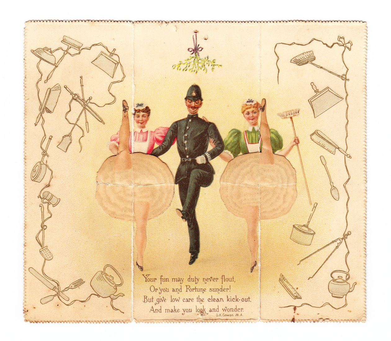 Een pop-up kaart van een politieagent en twee vrouwen die de hoge trap doen, ca. 1920 door English School