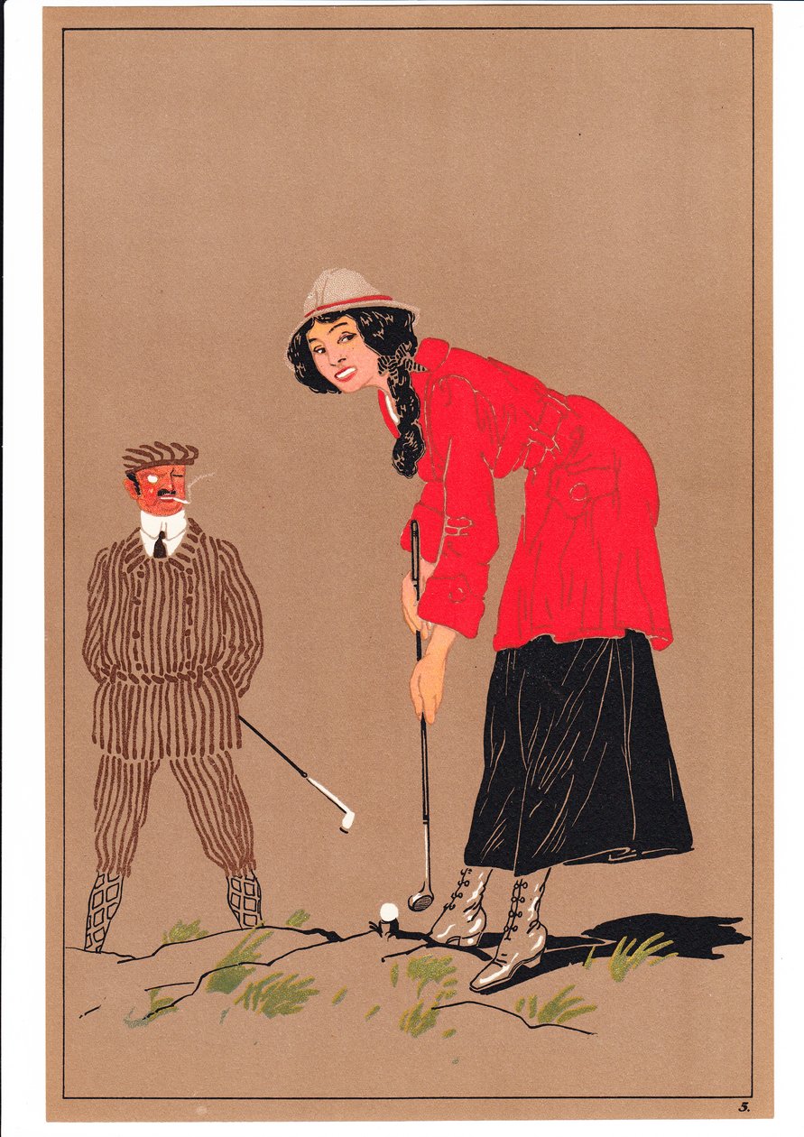 Een prent van twee golfers in komische en humoristische houdingen, ca. 1920 door English School