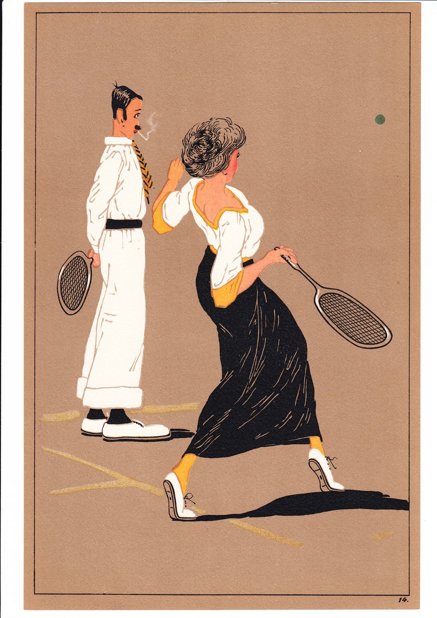 Een prent van twee tennisspelers in komische en humoristische houdingen, c.1920 (kleurenlitho) door English School