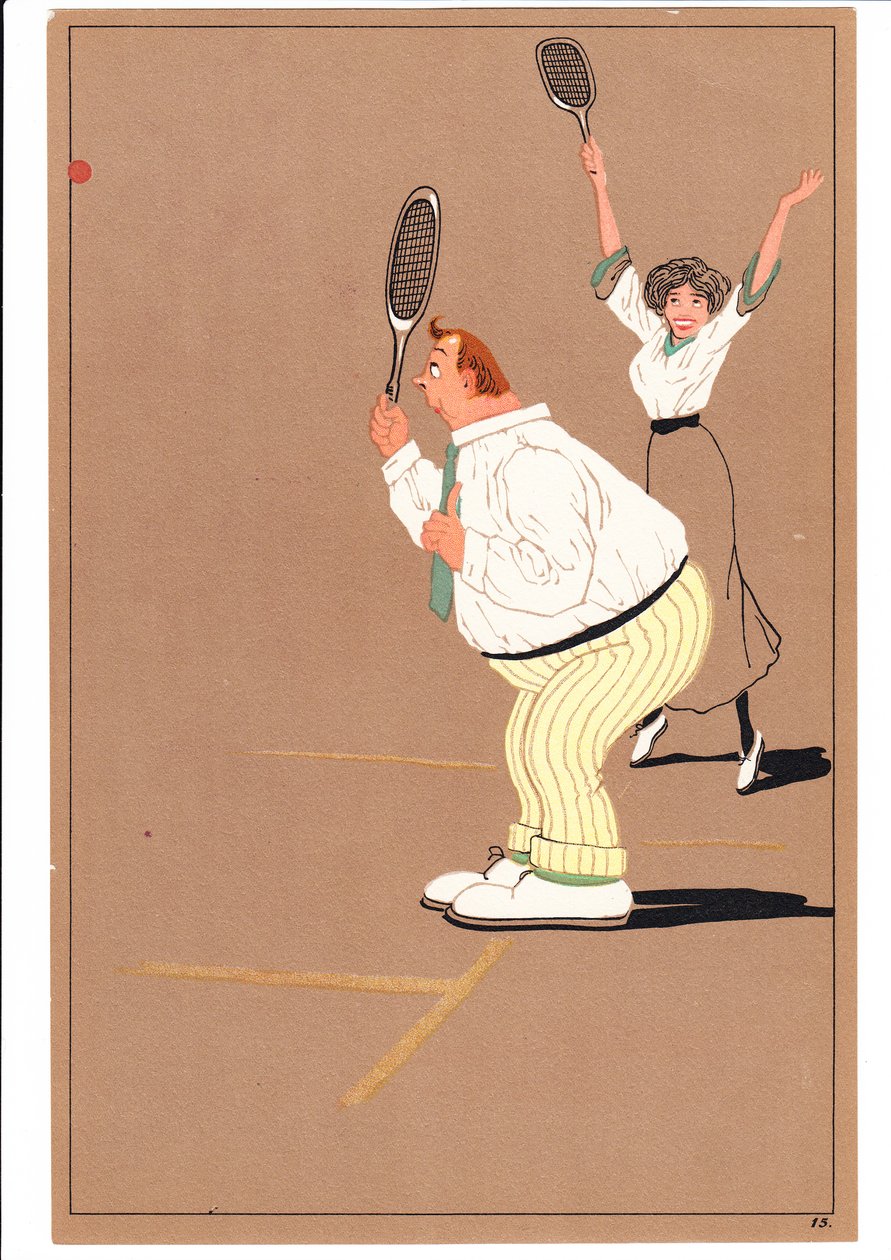 Een Prent van Twee Tennisspelers in Komische en Humoristische Houdingen, ca. 1920 door English School