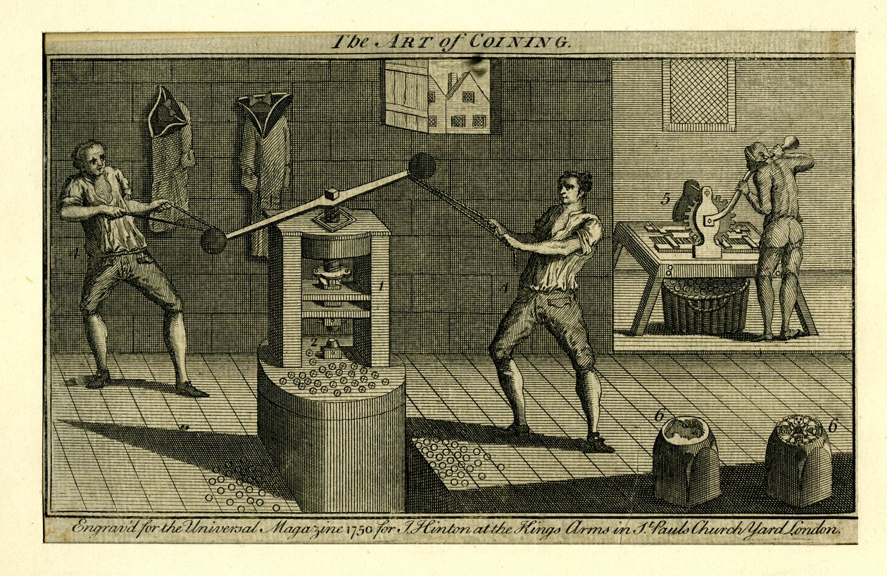 Een schroefpers in werking bij de Koninklijke Munt in de Toren, uit het Universal Magazine door English School