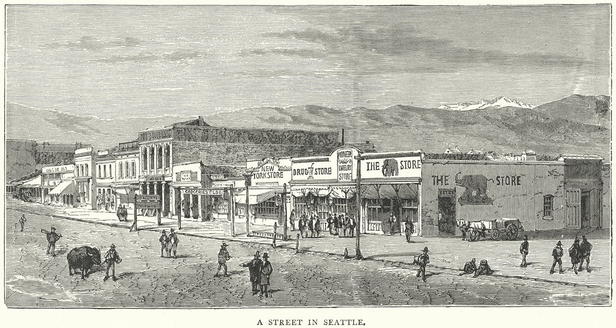 Een straat in Seattle (gravure) door English School