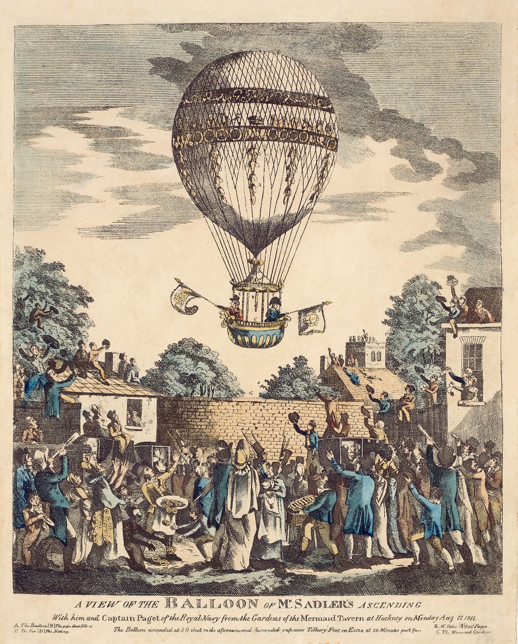 Gezicht op de ballon van Mr. Sadler die samen met hem en kapitein Paget van de Royal Navy opstijgt vanuit de tuinen van de Mermaid Tavern in Hackney op maandag 12 augustus. door English School