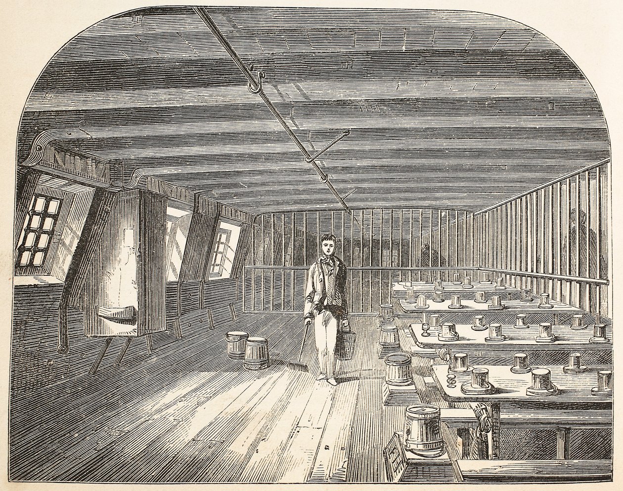 Een afdeling aan boord van de Defence hulk ingericht voor de terugkeer van de gevangenen voor het diner, illustratie uit The Criminal Prisons of London and Scenes from Prison Life door Henry Mayhew en John Binny, uitgegeven 1862 door English School