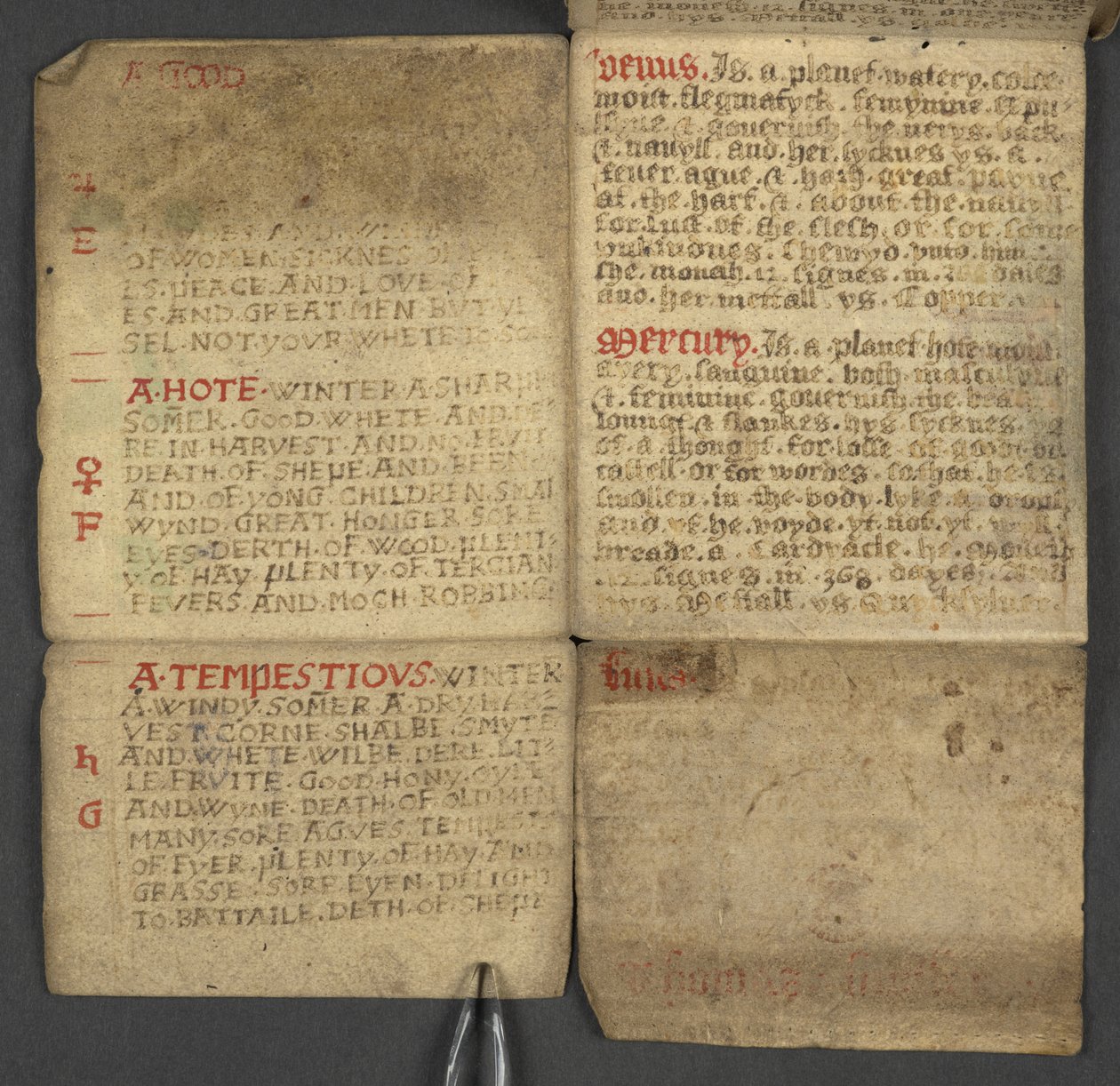 Add. 17367, f.10r uit Almanak, met tabel van dominicale letters en gouden getallen; aanwijzingen om de beweegbare feesten te vinden; kalender van Heiligen, tijdperken, lijst van Engelse Soevereinen, weersvoorspellingen, invloed van de tekens van de dierenr door English School