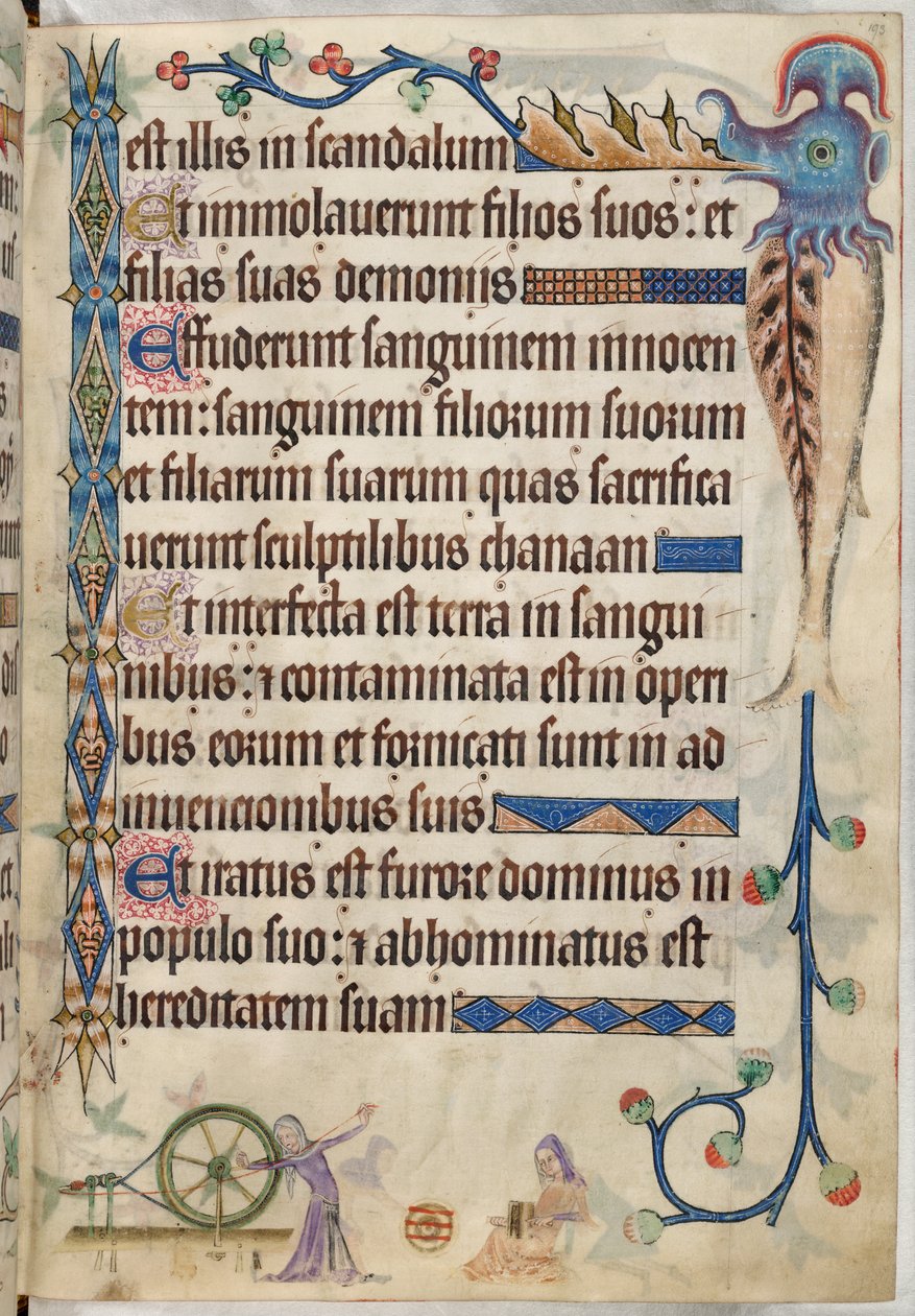 Add. 42130, f.193, Psalm 105, Vrouwen spinnen en kaarden wol, uit 