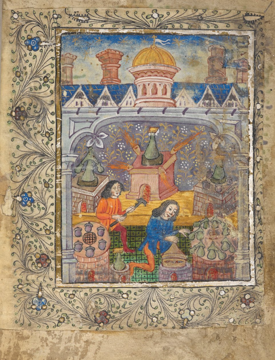 Zeven ovens met distilleerkolven, bediend door twee mannen, onder een dak met een koepel en schoorstenen, ca. 1477 door English School