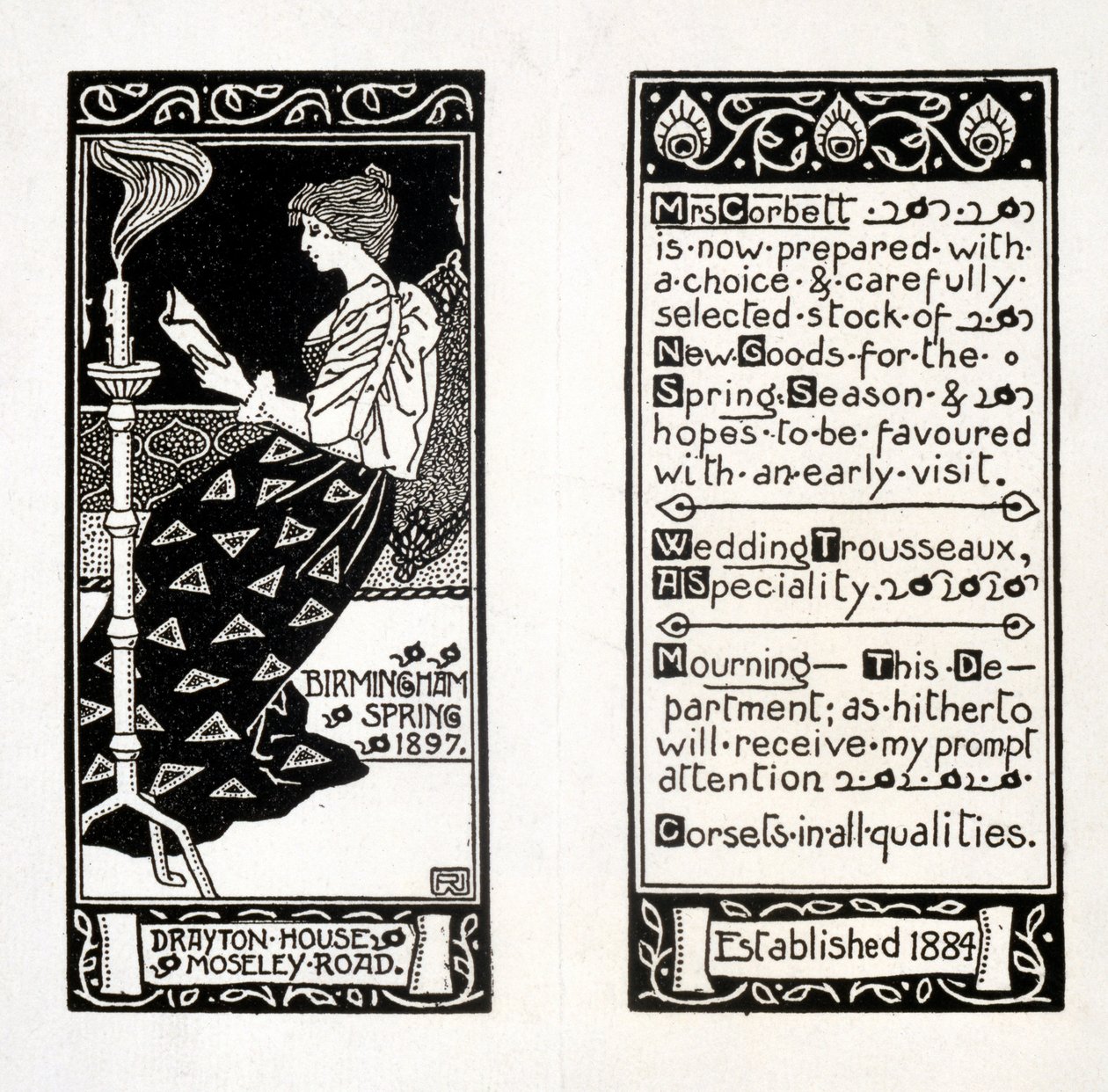 Advertentie voor Mrs Corbett in Drayton House, Birmingham, 1897 door English School