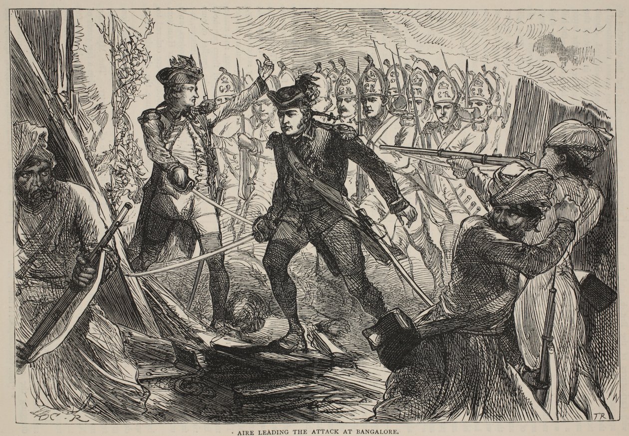 Aire leidt de aanval bij Bangalore, illustratie uit Cassells Geïllustreerde Geschiedenis van India door James Grant, uitgegeven 1879 door English School